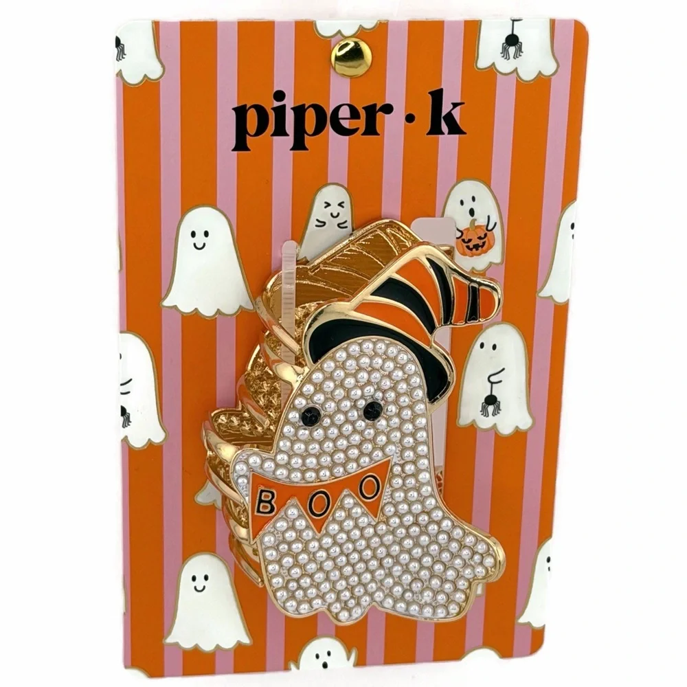 Piper K Halloween Ghost Witch Hat Claw Clip Gold Tone Faux Pearl